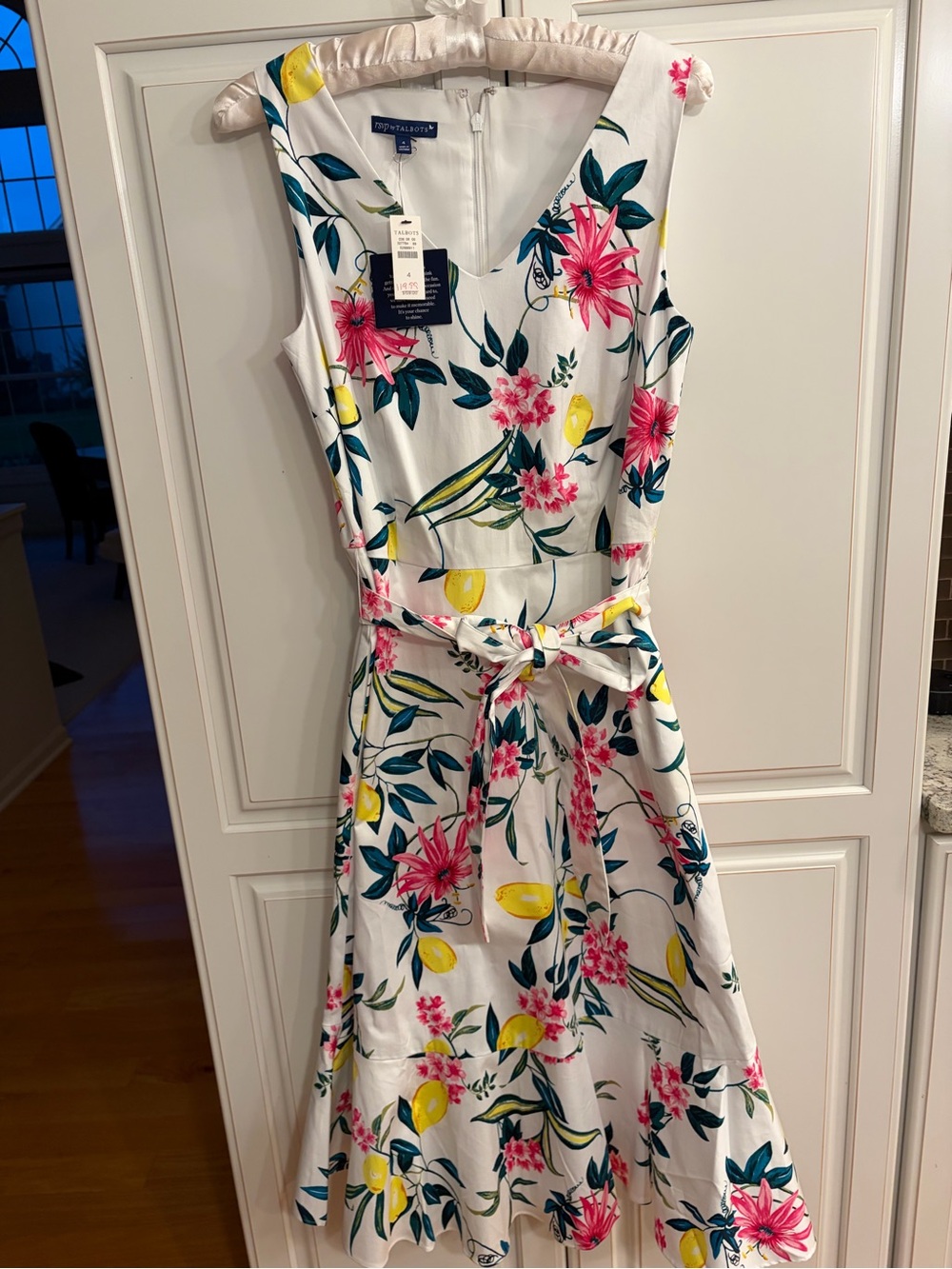Talbots White Midi Dress with Pink Floral and Yellow Accents